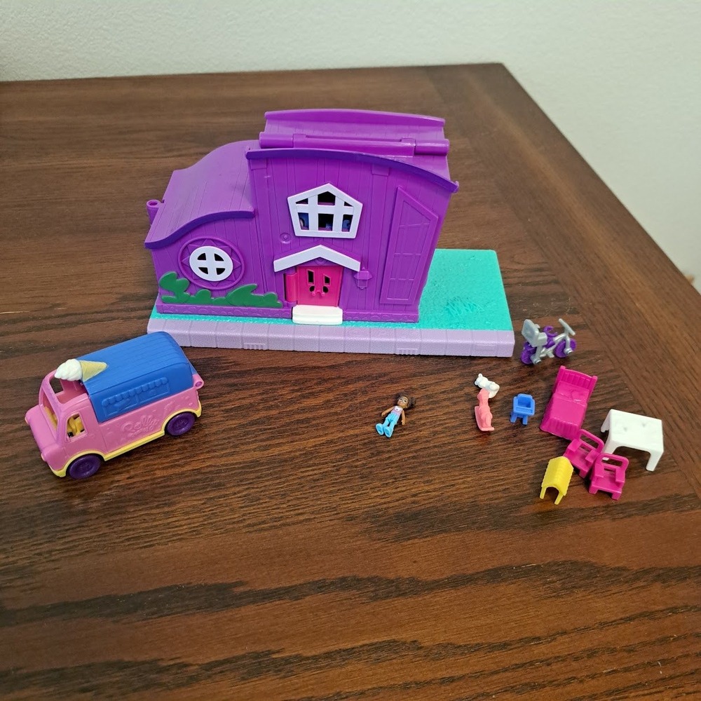 Polly Pocket Pocketville House and Ice Cream Truck Playset with Shani Doll Lot